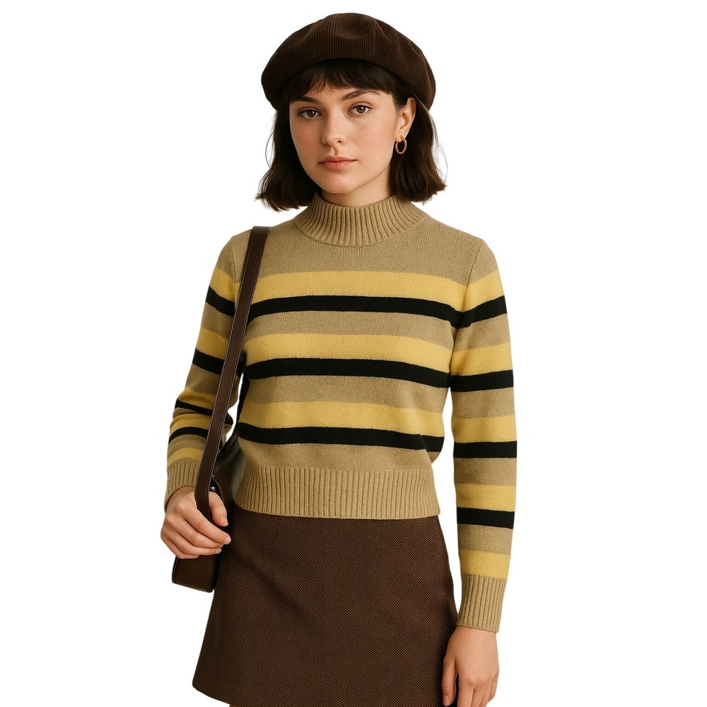 ANNA KAY Mock Neck Sweater Beige Yellow Black Academia‎ Stripe S